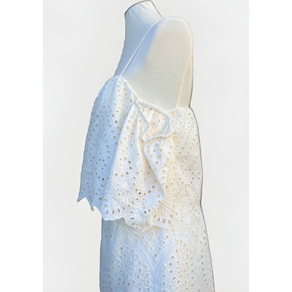 Saylor Women’s Ivory Off Shoulder Eyelet Dress Scalloped Overlay Lined Cocktail - Picture 2 of 13